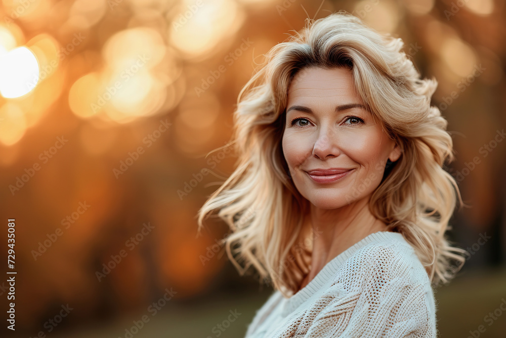 Beautiful middle aged woman golden hour close up portrait Beautiful middle aged woman golden hour close up portrait