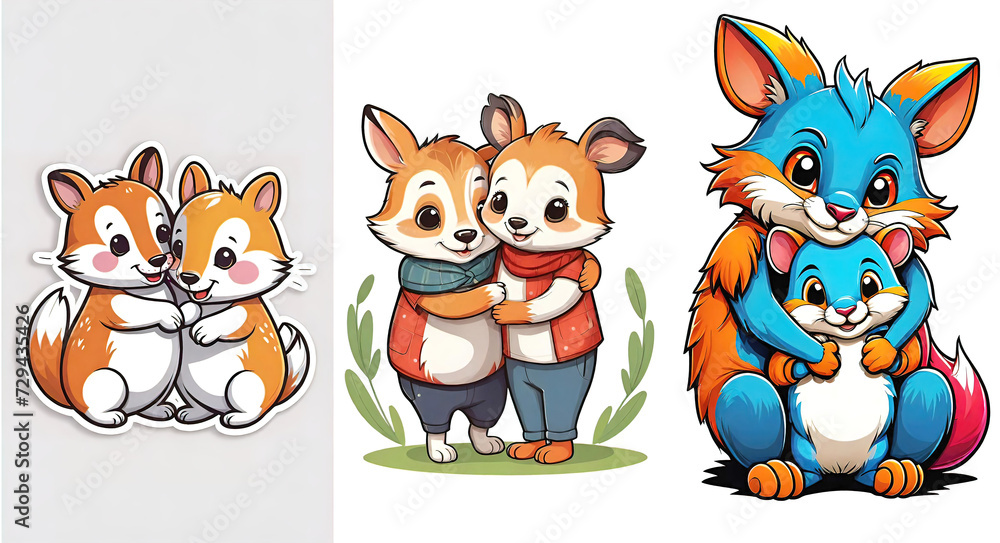 vector illustration, two funny hugging animals surrounded by hearts and decorations, congratulations from friends, children's drawing, vector illustration, two funny hugging animals surrounded by hearts and decorations, congratulations from friends, children's drawing,