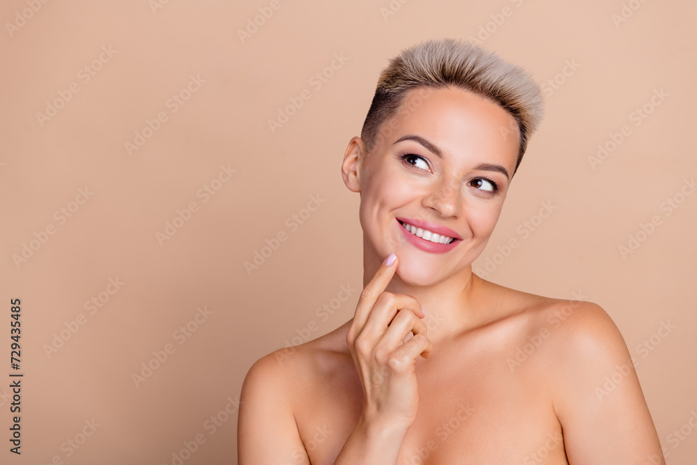 Photo of happy girl look empty space think beautician procedure offer isolated pastel color background Photo of happy girl look empty space think beautician procedure offer isolated pastel color background