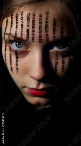 Closeup illustration of a person's face in the dark, young woman looking at the camera in dramatic lighting, strange uncanny scary atmosphere on black background, vertical text tattoo on her forehead photo