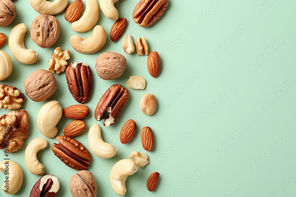 Assorted Variety of Fresh and Roasted Nuts and Seeds Arranged on a Lush Green Background Assorted Variety of Fresh and Roasted Nuts and Seeds Arranged on a Lush Green Background