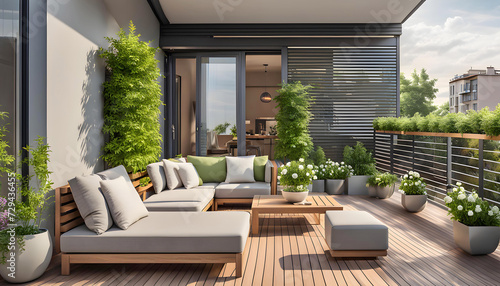Beautiful modern terrace with wooden floor, green flowers in pots and garden furniture, Cozy sitting area in the backyard of the house, Sunny stylish terrace-balcony in the city,