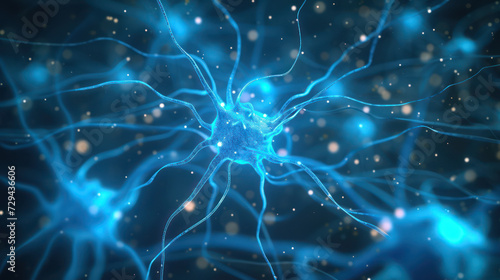 Abstract blue-coloured neuron cells in the brain on an artistic blurry cyberspace background