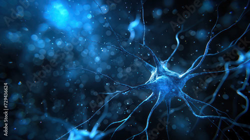 Abstract blue-coloured neuron cells in the brain on an artistic blurry cyberspace background photo