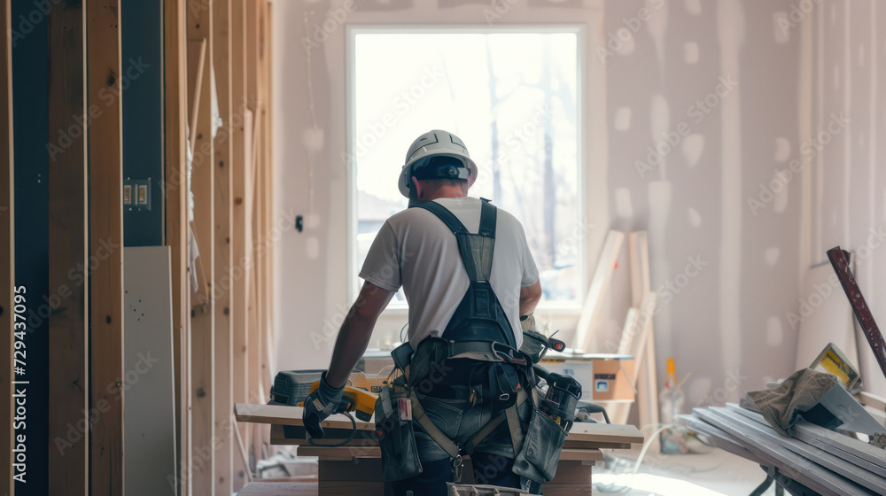 Fototapeta premium Interior decorator does wood work in house for renovation