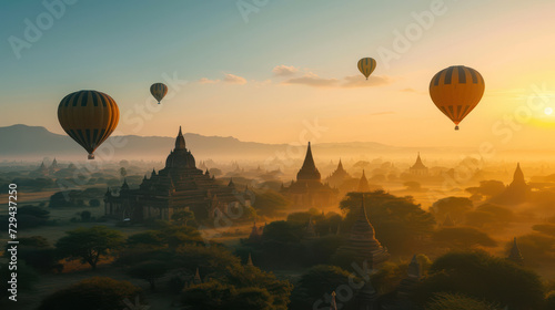Sunrise Hot air balloon flying over old antique pagodas in Bagan, Myanmar