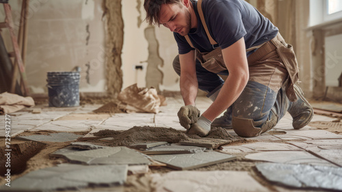 Technician laying floor tiles in a renovated house