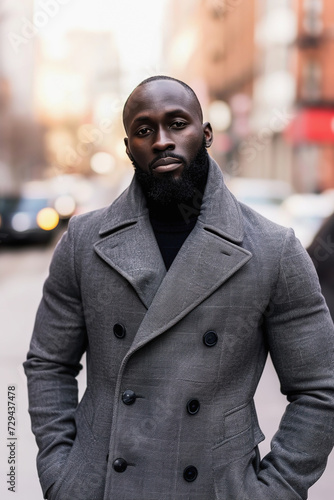 Confident Black Man in Stylish Grey Coat on City Street