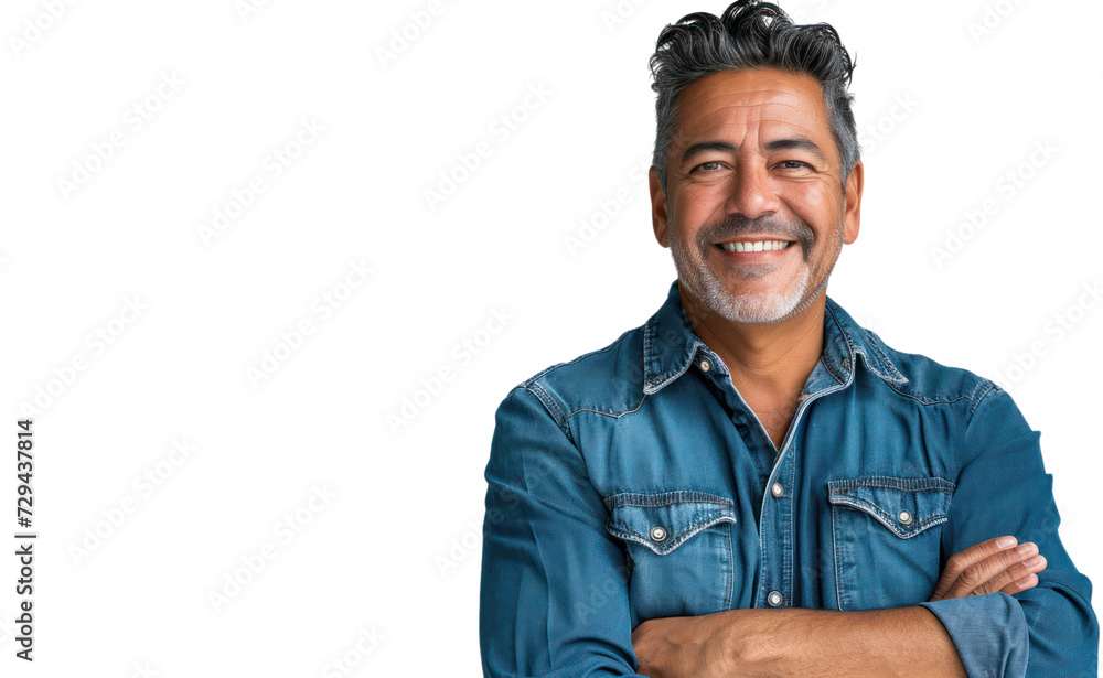 smiling Latin American mature man the confident male is wearing a blue denim shirt on transparent background. smiling Latin American mature man the confident male is wearing a blue denim shirt on transparent background.