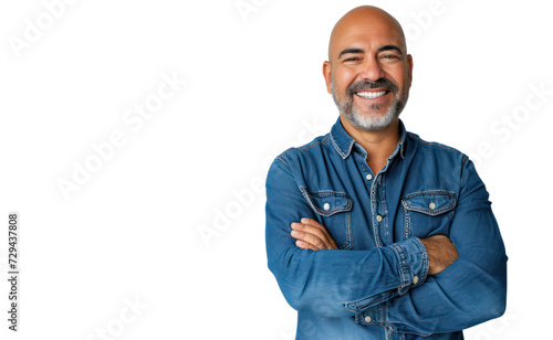 smiling Latin American mature man the confident male is wearing a blue denim shirt on transparent background. photo