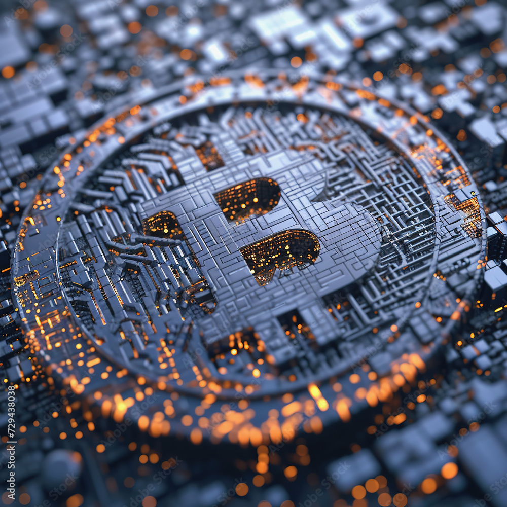 Bitcoin symbol with futuristic sci fi digital background Bitcoin symbol with futuristic sci fi digital background