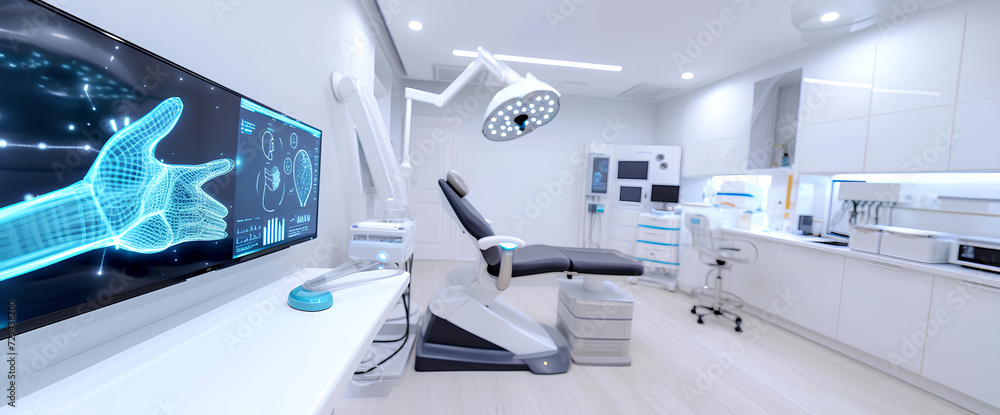 A future hospital with medical high tech healthcare, medical devices in hybrid medical room. Monitor show touching Ui and icon future of medical technology A future hospital with medical high tech healthcare, medical devices in hybrid medical room. Monitor show touching Ui and icon future of medical technology