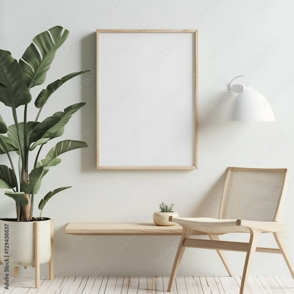 Mock up poster in interior with white wall and lush green plant. Mock up poster in interior with white wall and lush green plant.