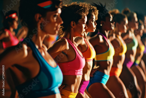 Retro Revival: 1980s Aerobics Class Brings Back the Vibrant Energy of Colorful Leotards and Leg Warmers in a High-Energy Fitness Workout.


