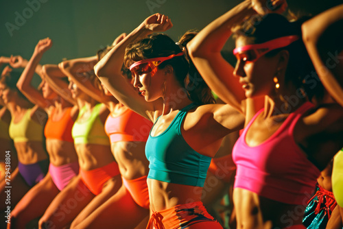 Retro Revival: 1980s Aerobics Class Brings Back the Vibrant Energy of Colorful Leotards and Leg Warmers in a High-Energy Fitness Workout.