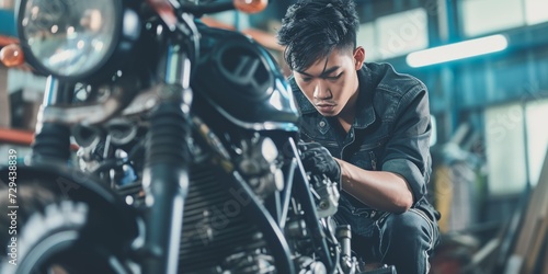 An Asian Mechanic Focuses On Motorcycle Repair In A Workshop Setting. Сoncept Motorcycle Repair, Workshop Setting, Asian Mechanic, Tools And Equipment, Expertise photo