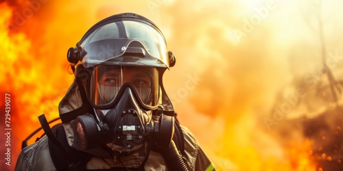 A Skilled Firefighter In Full Protective Gear Expertly Utilizes Firefighting Equipment. Сoncept Firefighter Training, Protective Gear, Firefighting Equipment, Skillful Techniques