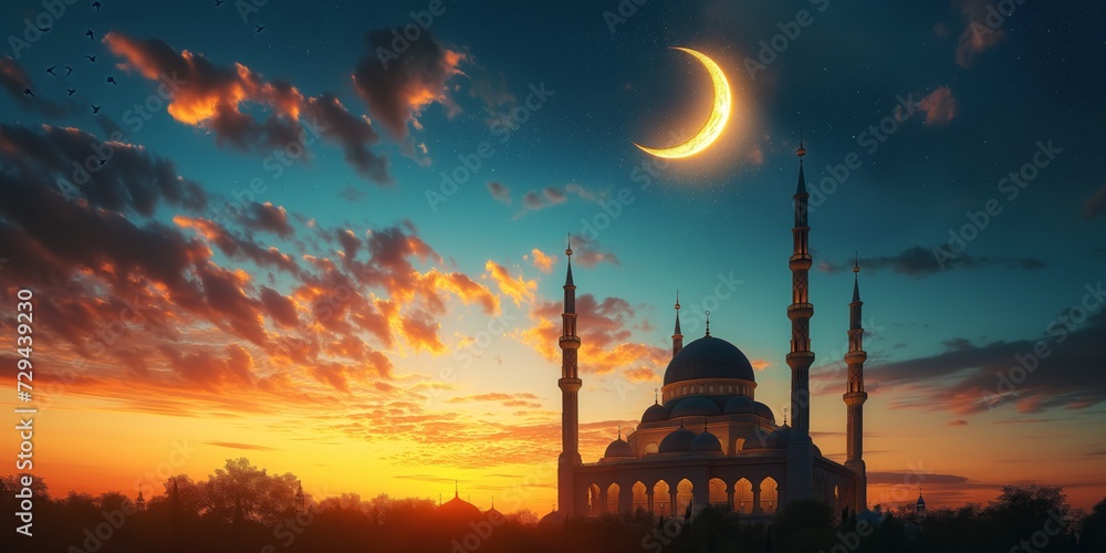 Beautifully Rendered 3D Image Of A Mosque And Crescent Moon For Ramadan. Сoncept Ramadan Decorations, Mosque Silhouette, Crescent Moon Illustration, Islamic Art, Ramadan Greeting Card