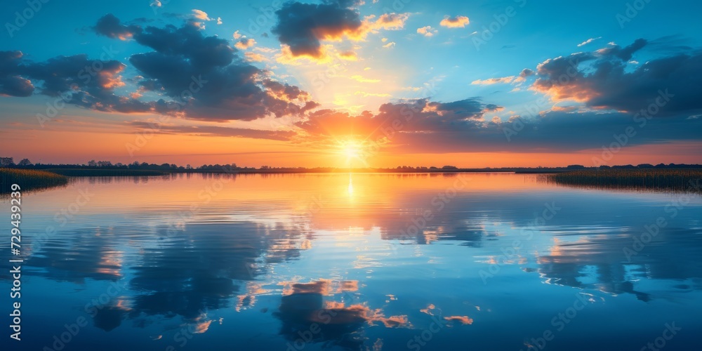 Beautiful Agricultural Sunrise Reflecting On Calm Water With Copy Space For Textdesign. Сoncept Agricultural Sunrise, Calm Water, Reflection, Copy Space, Text Design