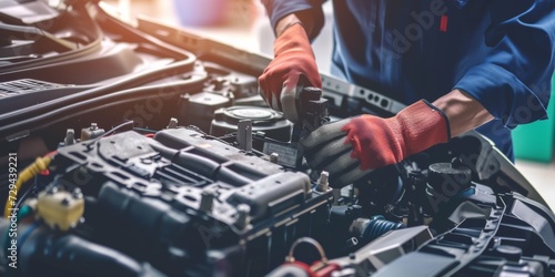 Auto Mechanic Repairing Car Battery, Inspecting Electrical System In Auto Repair Service. Сoncept Car Battery Replacement, Electrical System Diagnostics, Auto Mechanic Services, Car Repair Shop
