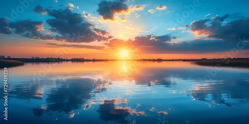 Beautiful Agricultural Sunrise Reflecting On Calm Water With Copy Space For Textdesign.   oncept Agricultural Sunrise  Calm Water  Reflection  Copy Space  Text Design