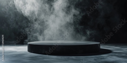 Black Podium On A Smoky Stage Creates A Dramatic And Abstract Atmosphere. Сoncept Abstract Stage Design, Smoky Ambiance, Dramatic Podium, Abstract Atmosphere