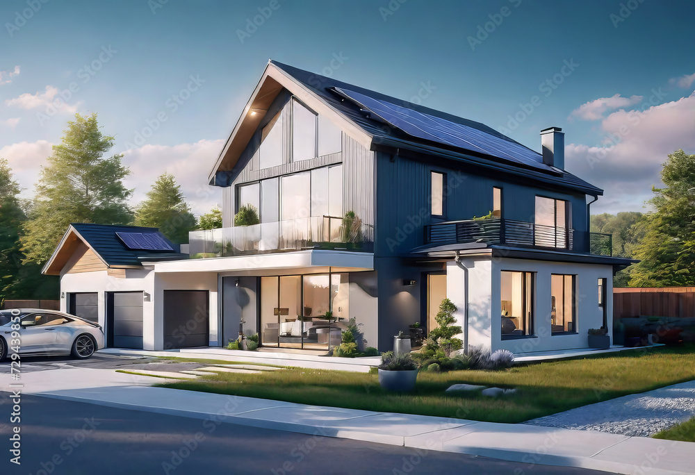 New country house with photovoltaic system on the roof, Modern eco-friendly clean house with solar panels on the gable roof, driveway and landscaping,