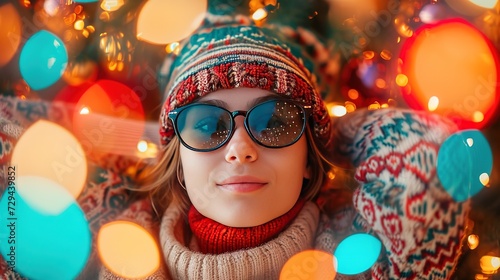 Chic Woman in Red Beanie and Sunglasses with Bokeh Lights, Perfect for Winter Stock Photography