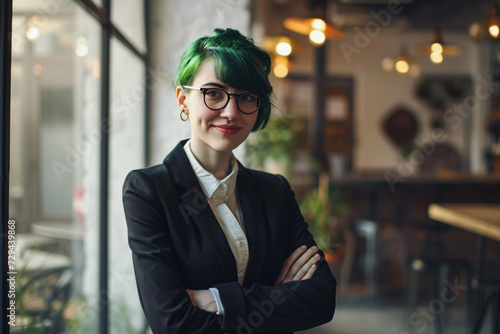 Smiling non-binary woman with long dyed green hair arms crossed looking into camera. Modern youth subculture gen generation z professionals, self-expression confidence concept