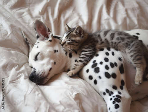 white cat sleeping on a large dalmatian  friendship  pets. calm  kids ap or pet store. horizontal. cute couple of kitten and puppy. Joy and happiness