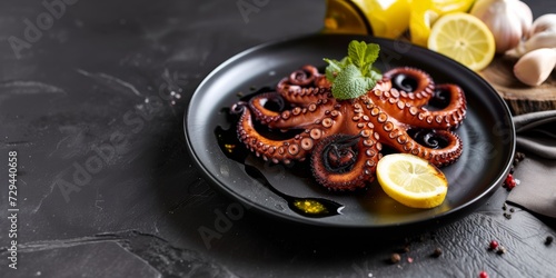 Savor The Flavor Of Grilled Octopus, A Mediterranean Delicacy Presented Beautifully On A Stylish Black Plate. Сoncept Grilled Octopus, Mediterranean Delicacy, Stylish Presentation, Black Plate