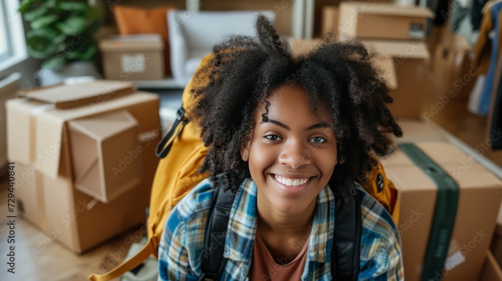 Young Person Amidst Moving Boxes in a Well-lit Room - obrazy, fototapety, plakaty 