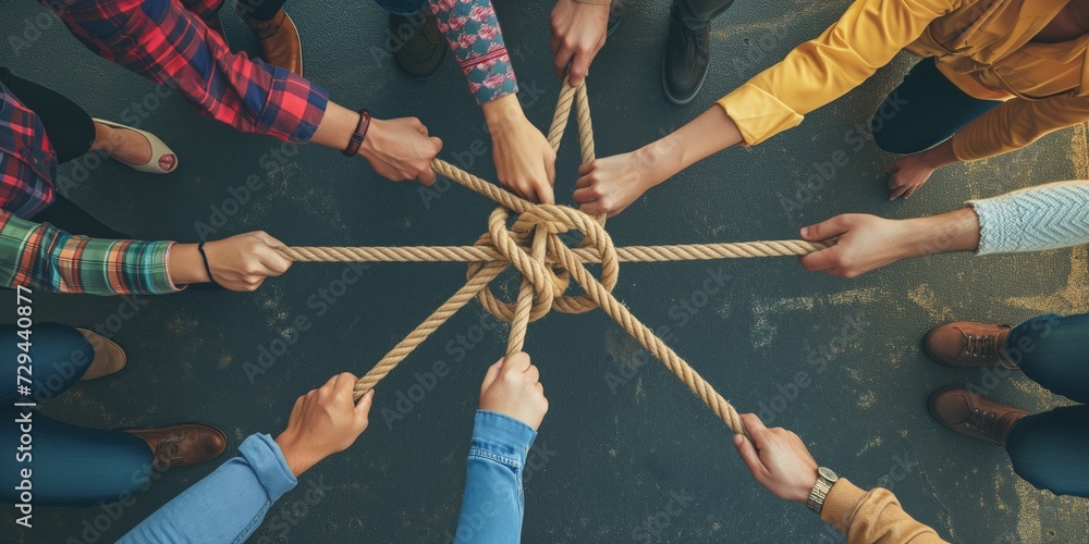 Diverse Team Uses Strong Rope To Form A United Partnership And Communicate Effectively. Сoncept Team Building Exercises, Communication Skills, Trust Building, Unity And Collaboration - obrazy, fototapety, plakaty 