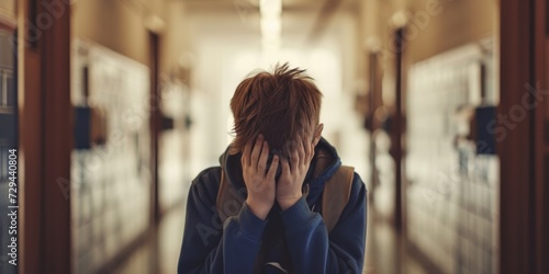 Distressed Boy Shields Face In School Corridor, Portraying Adversity And Vulnerability. Сoncept Adversity In School, Shielding Face, Vulnerability, Distressed Boy, Portraying Emotions photo