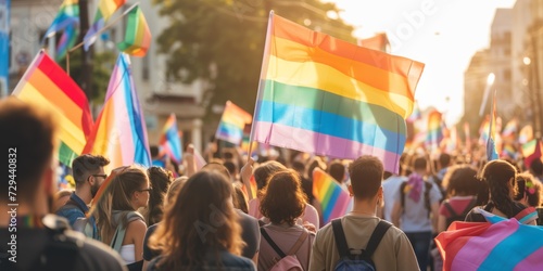 Diverse Crowd Marches, Carrying Lgbt And Trans Flags Uniting For Equality And Freedom. Сoncept Cultural Festivals, Street Performances, Local Art Exhibitions, Community Workshops
