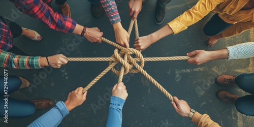 Diverse Team Uses Strong Rope To Form A United Partnership And Communicate Effectively. Сoncept Team Building Exercises, Communication Skills, Trust Building, Unity And Collaboration photo