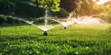 Efficient Irrigation System Hydrating Lush Green Lawn With Automated Sprinklers. Сoncept Smart Home Security Systems, Energy Efficient Appliances, Sustainable Living Tips