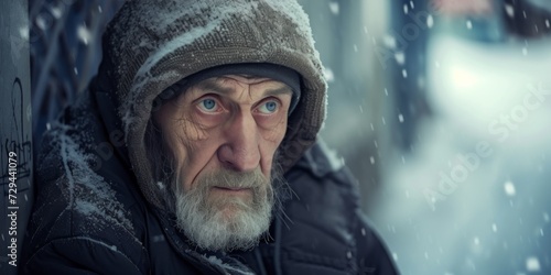 Elderly Homeless Man Struggles To Find Warmth And Support Amidst Cold Urban Environment. Сoncept Homelessness Crisis, Cold Urban Environment, Lack Of Support, Elderly Struggles, Finding Warmth