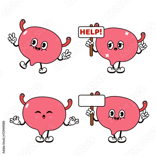 Funny cute Bladder characters bundle set. Vector hand drawn doodle style traditional cartoon vintage, retro character illustration icon design. Isolated white background. Happy Bladder