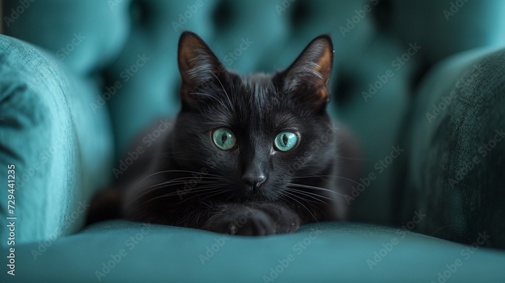 A sleek black kitten with emerald eyes lounging on a plush velvet armchair.
