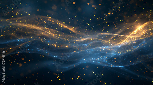 a blue and gold abstract background with sparks and m