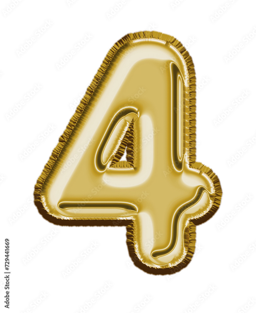 Isolated number gold foil balloon effect, number four transparent background Isolated number gold foil balloon effect, number four transparent background