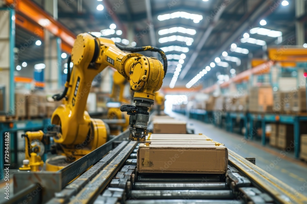 Automated Industrial Robot in Action on Manufacturing Floor - Precision Packaging and Logistics, Efficiency and Precision: Warehouse Automation with Industrial Robots and Advanced Technology