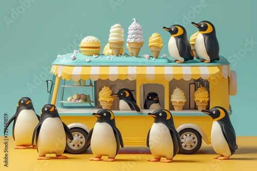 An unlikely sight of flightless adaalie penguins perched atop a bright yellow ice cream truck, tempting their love for food and showcasing their playful cartoon nature