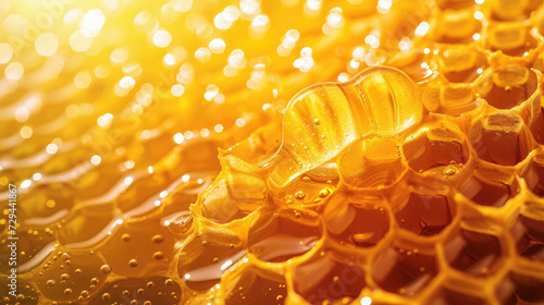 golden honeycomb with drops of liquid honey glows, hexagonal texture, close-up, backlight