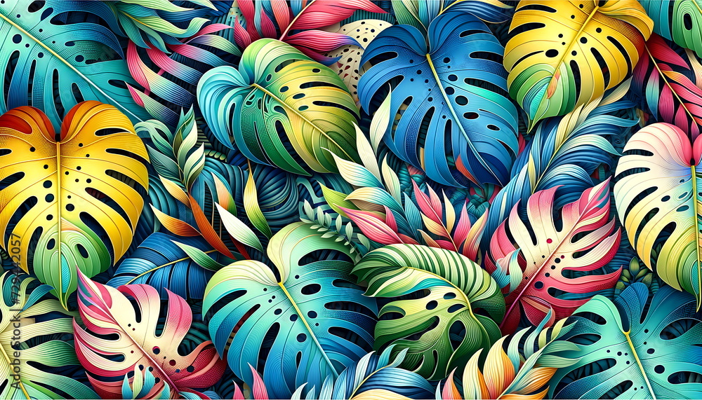 Monstera tropical foliage pattern illustration design. Vibrant color leaves