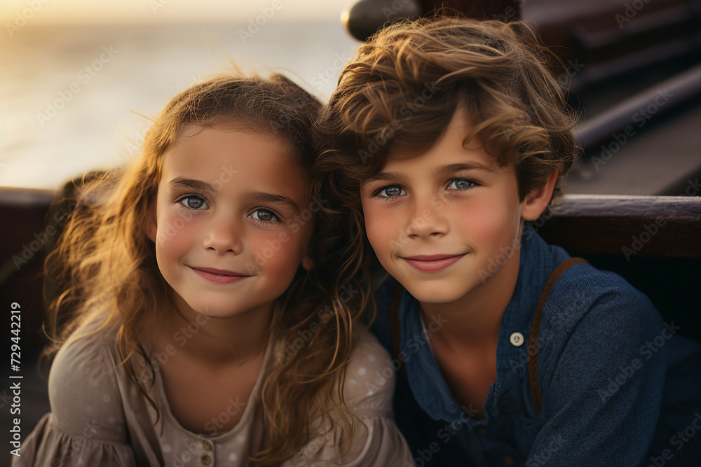 Generative AI picture of cheerful adorable children hugging traveling swimming on a boat