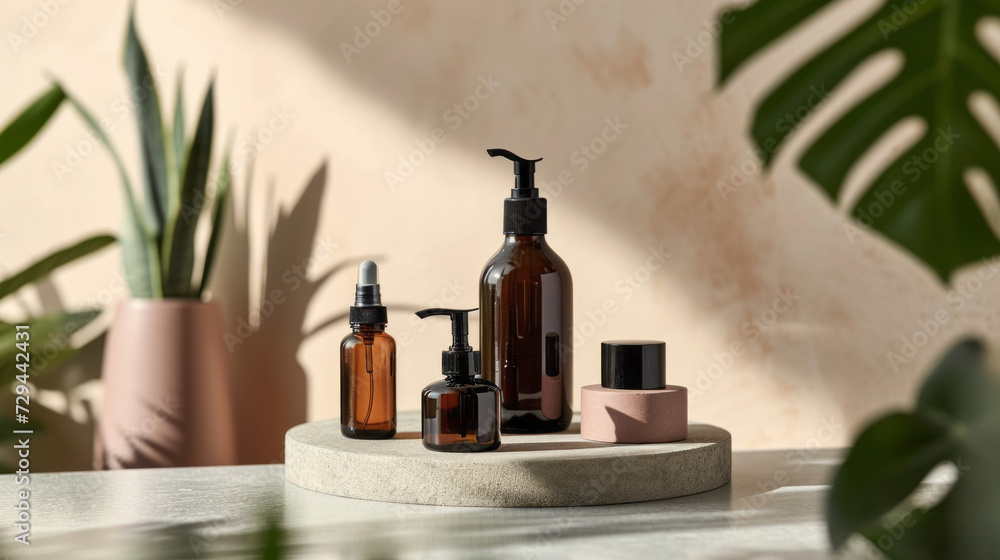 neutral-toned skincare bottles on a circular stone platform with delicate dried flowers in a vase, casting soft shadows in a bright, airy setting.