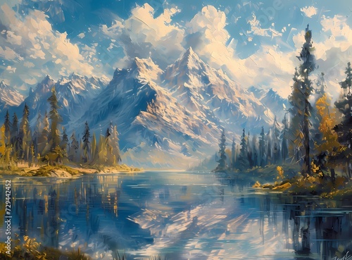 A tranquil scene of untamed nature, where the rugged mountains meet the towering trees and the crystal lake mirrors the vast expanse of sky above