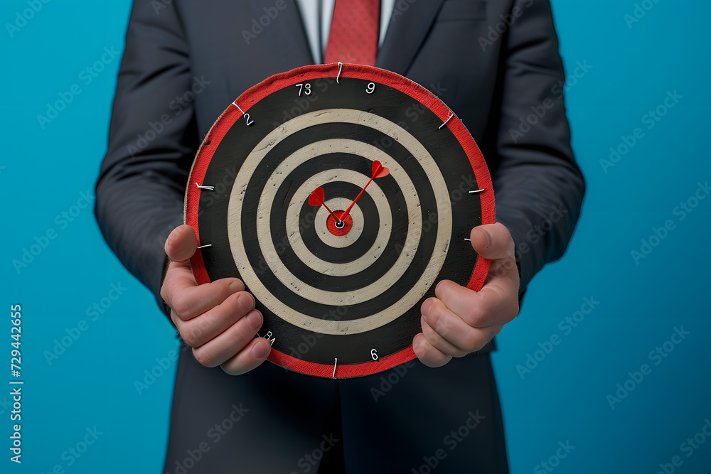 Businessman holding a big dart board,dart target,circle target,business goal concept Businessman holding a big dart board,dart target,circle target,business goal concept